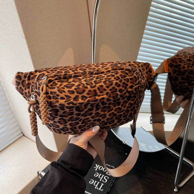 Women's Leopard Print Chest Bag, Autumn/Winter Fashion Crossbody Bag, Trendy Sporty Multifunctional Waist Bag Waist Packs bolsa