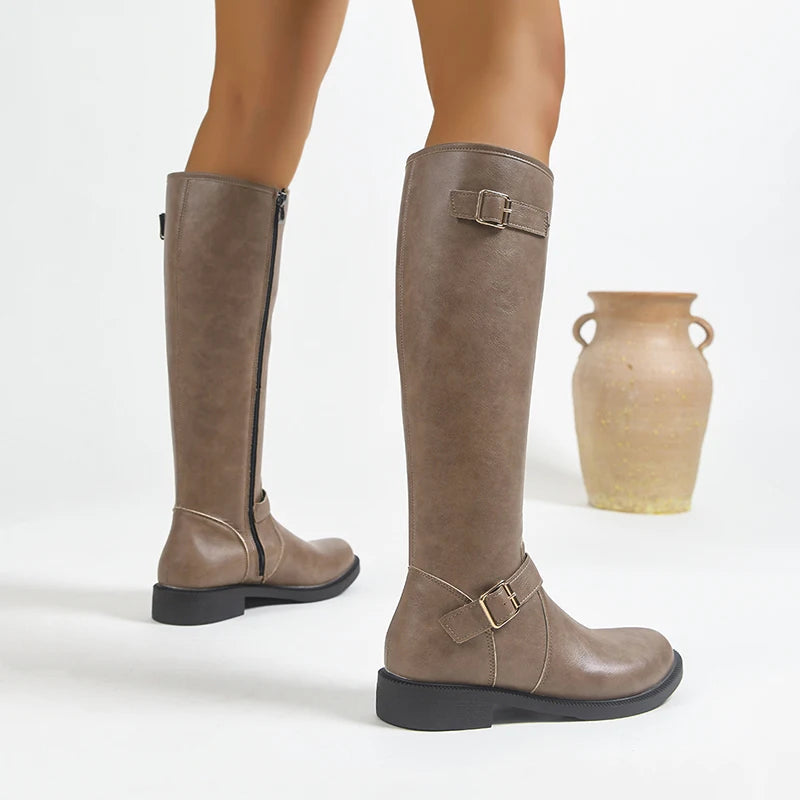 Metal Buckle Pu Leather Keen High Boots Women 2026 Autumn Side Zipper Platform Long Boots Woman Plus Size 43 Fashion Botas Mujer