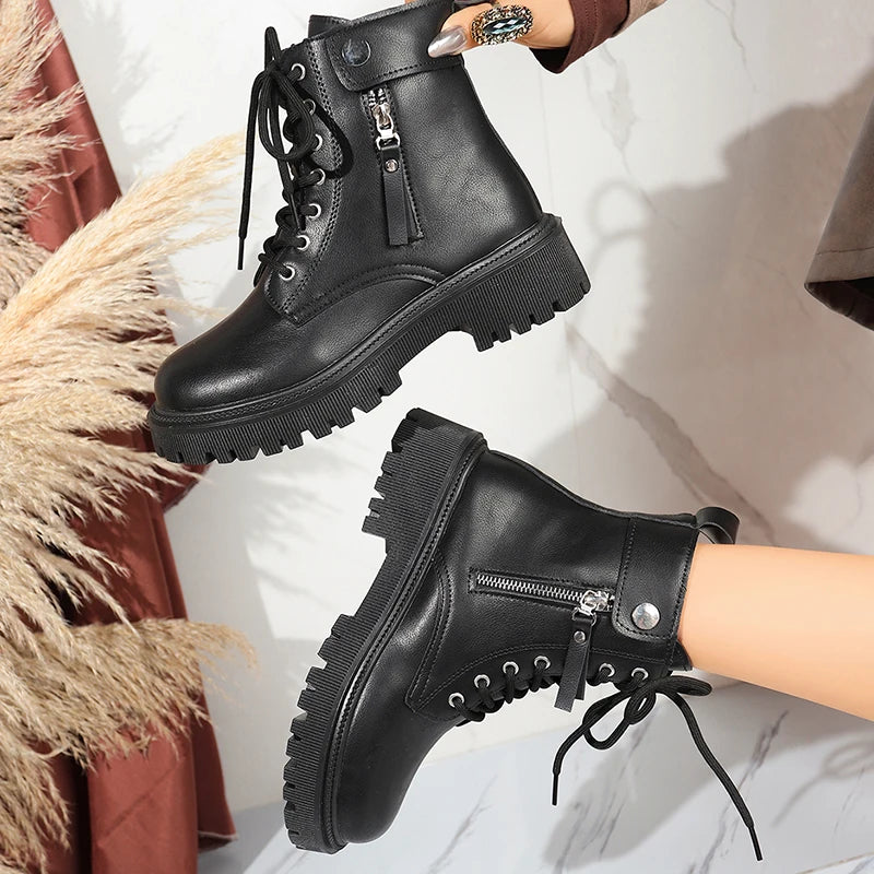 Punk Zipper Decor Platform Ankle Boots for Women Autumn Winter Black Thick Sole Short Booties Mujer Lace Up Pu Leather Boots