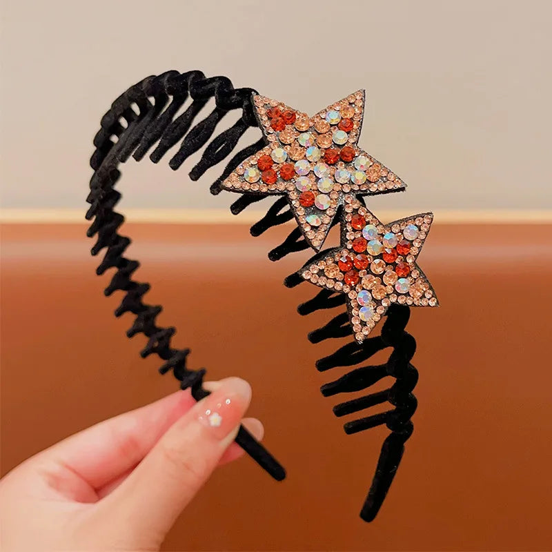 Rhinestone Star Flocking Headband Women's Retro Bangs Arrangement Artifact with Hair Teeth Non-slip Headband Hair Accessories