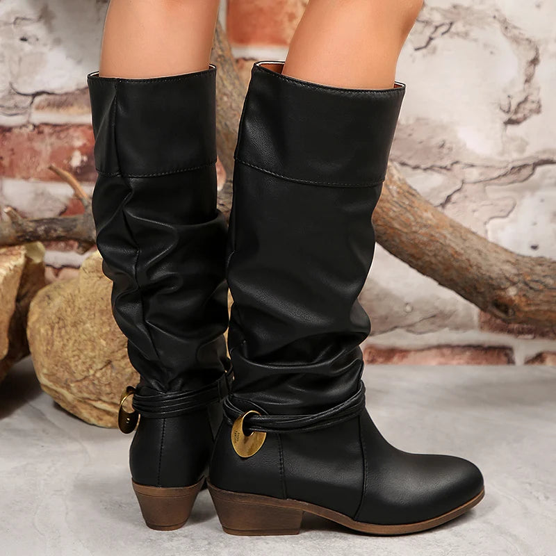 Slip On Thick Heels Knee High Boots Women Metal Decor Non Slip Pu Leather Boots Woman Plus Size 36-43 Retro Long Botas Mujer