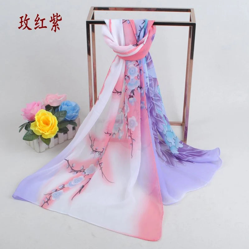 New Peony Flower Women's Printed Chiffon Long Scarves Wholesale Yiwu Autumn and Winter Scarves Small Scarves