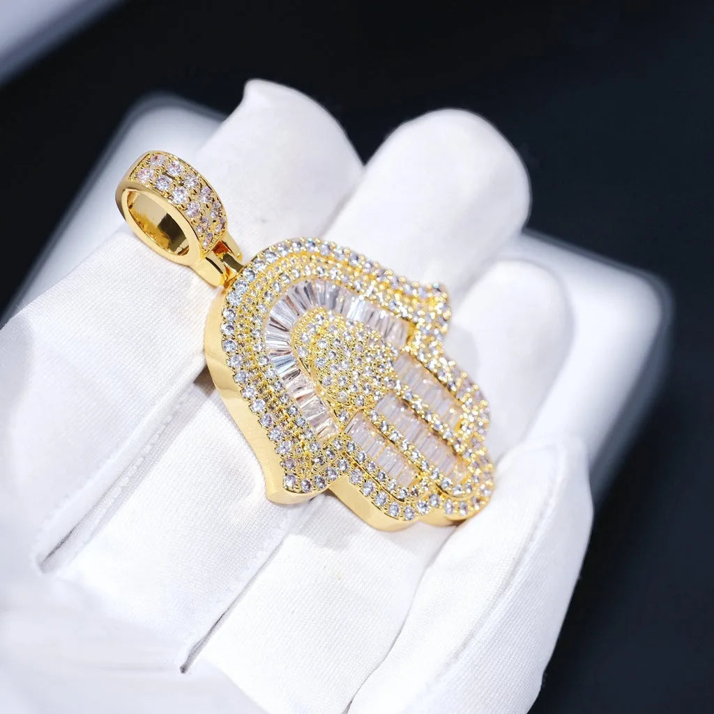 Micro Iced Out Baguette Hamsa Hand Pendant w/ 24" Tennis/Rope Chain Necklaces