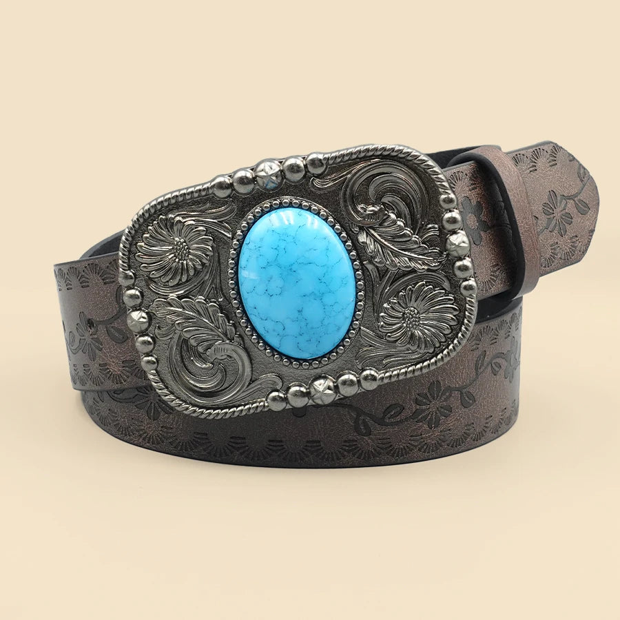 Brown Vintage Western Women's Belt - Carved Blue Turquoise Buckle, Versatile for Dresses, Jeans & Shirts