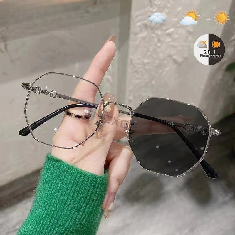 Intelligent Color Changing Glasses New Fashion Overaized Frame Myopia Sunglasses Prescription Photochromic Eyewear