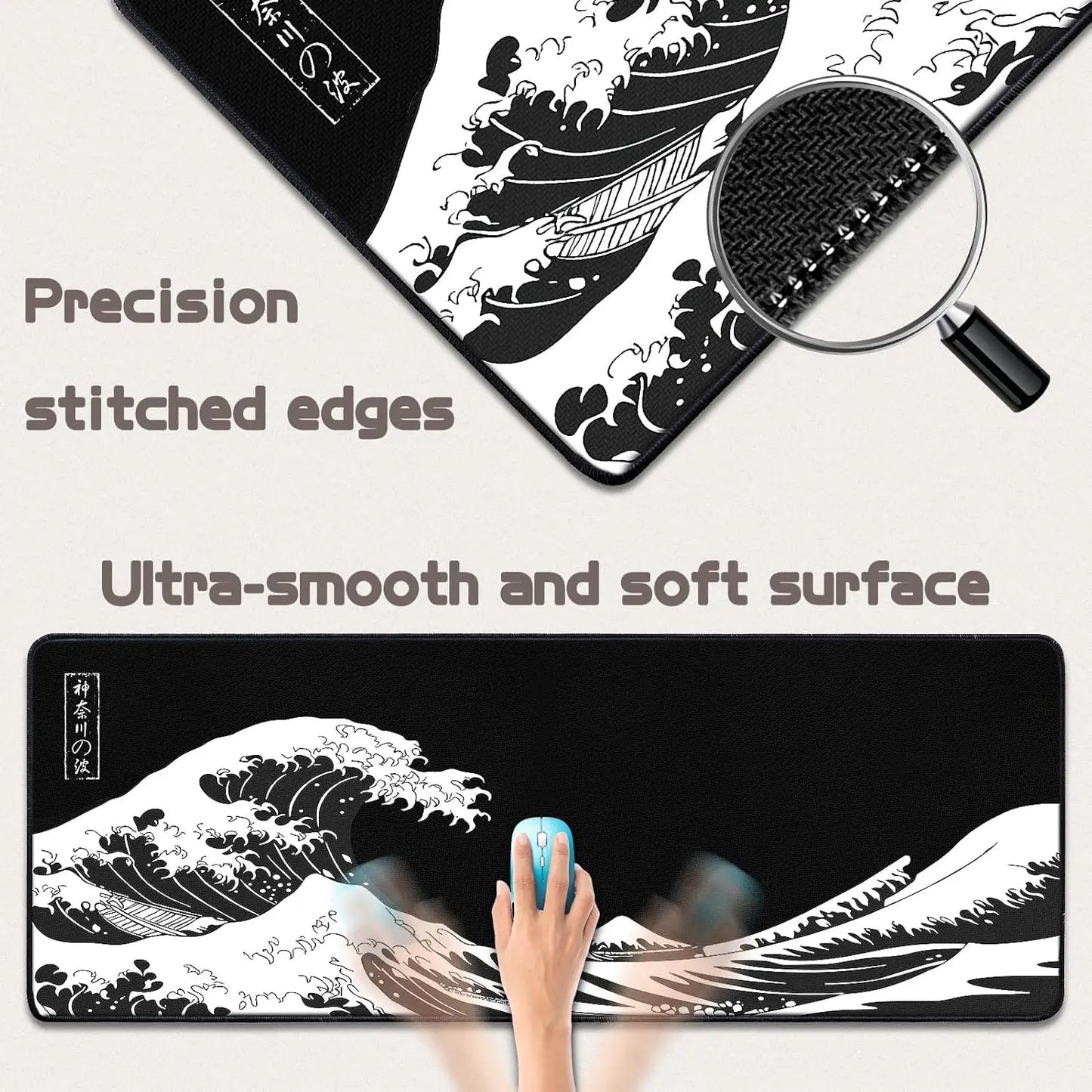 Mouse Pad Gaming - Desk Mat for Keyboard - Kanagawa Large Mousepad for Desk, Japanese Sea Wave Desks Pad with Non-Slip Base