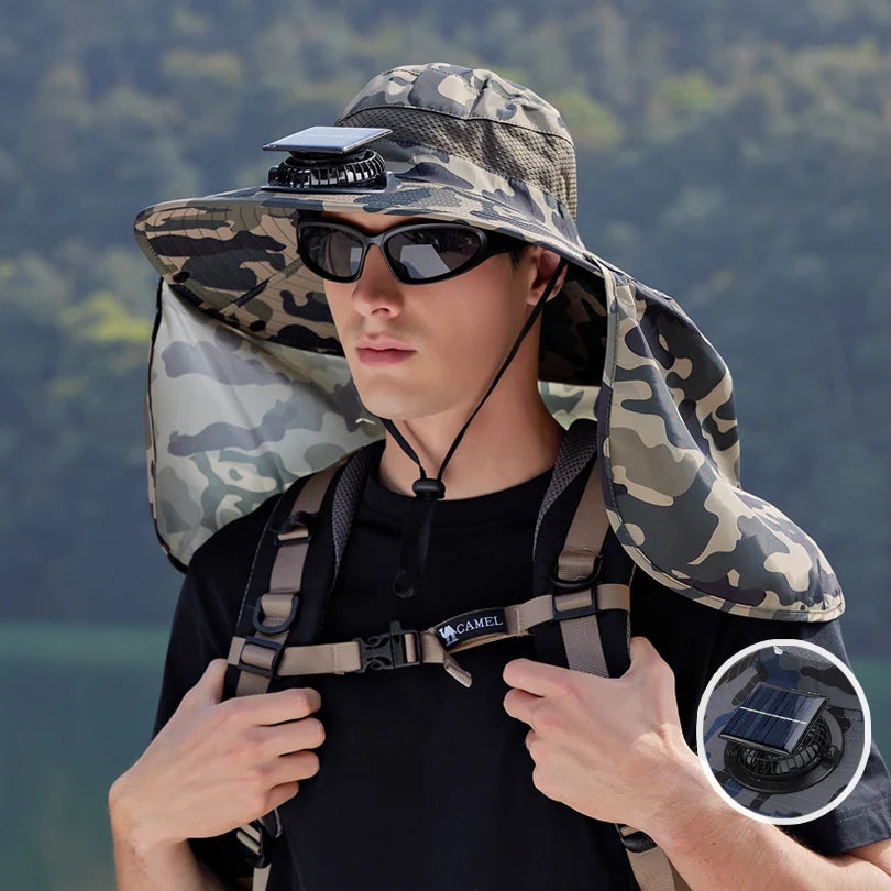 9217Ultra-wide brim sun hat, 1pc solar fan hat, waterproof bucket hat for fishing, hiking and camping