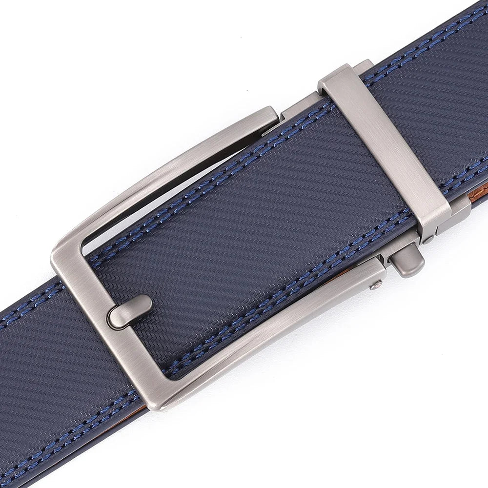 Blue Unisex Click Belt Genuine Leather Auto Buckle Luxury Strap for Men Jeans
