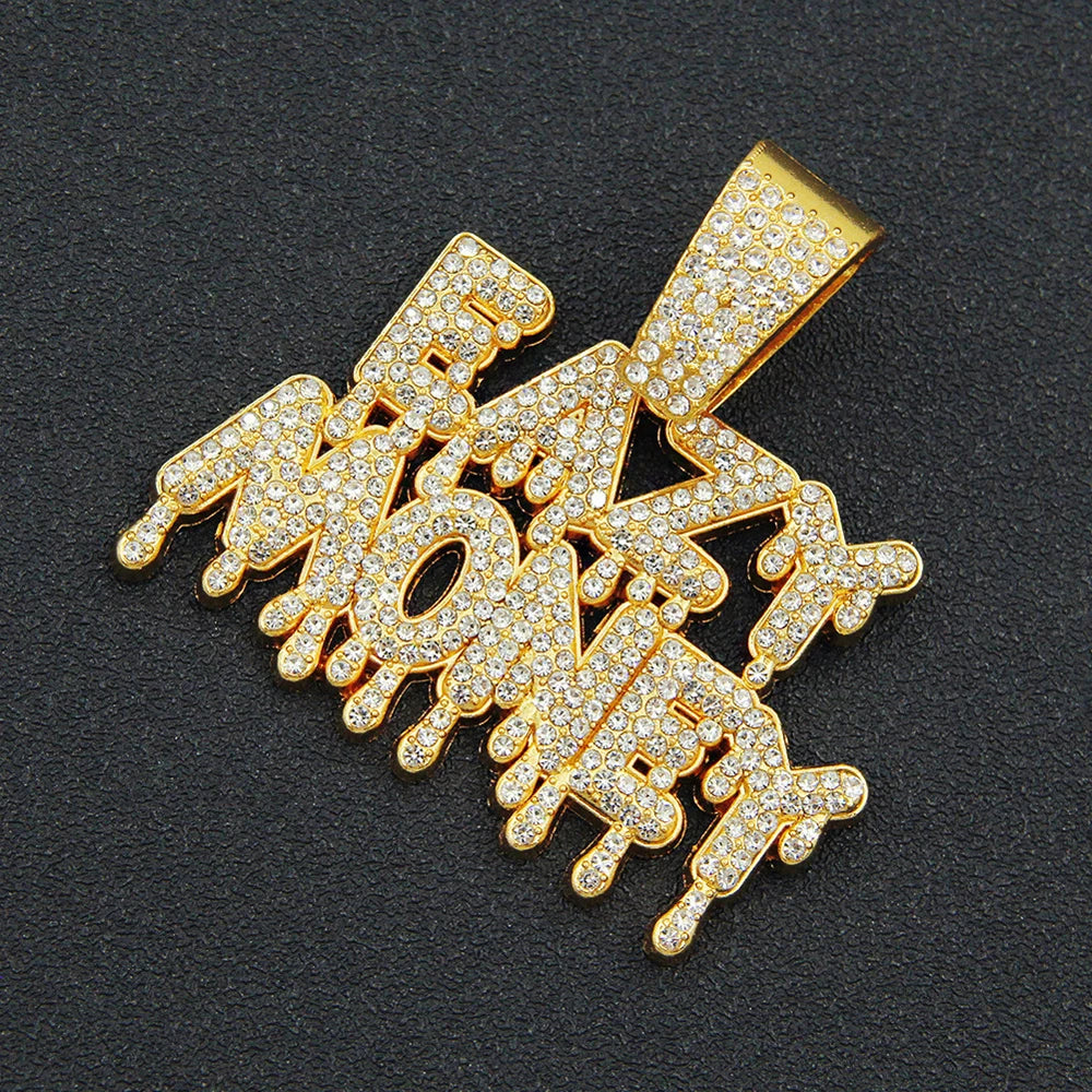 Fashion Rock EAZY MONEY Letter Pendant With 13mm Rhinestones Miami Cuban Chain HipHop Iced Out Bling Necklaces Charm Man Jewelry