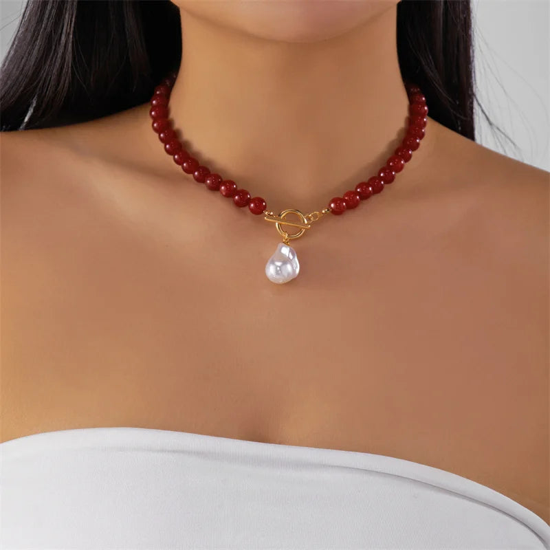 Elegant Baroque Imitation Pearl Pendant Beaded Choker Necklace Irregular Crystal Natural Stone Chain Women Fashion Jewelry Gift