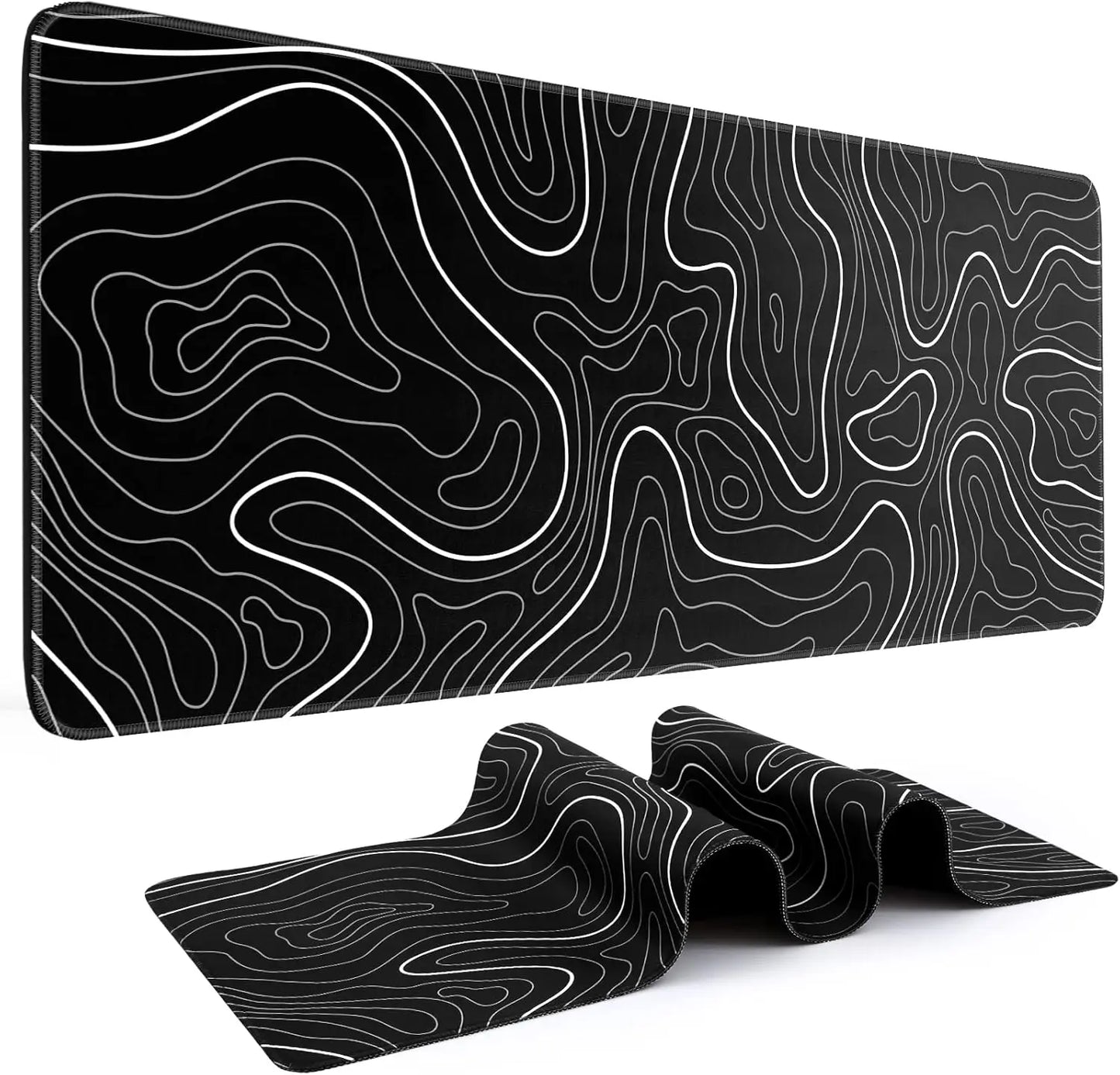 Abstract Topographic Map White Black Gaming Mouse Pad Large Desk Mat with Non-Slip Base Stitched Edge Keyboard Mat for Gaming