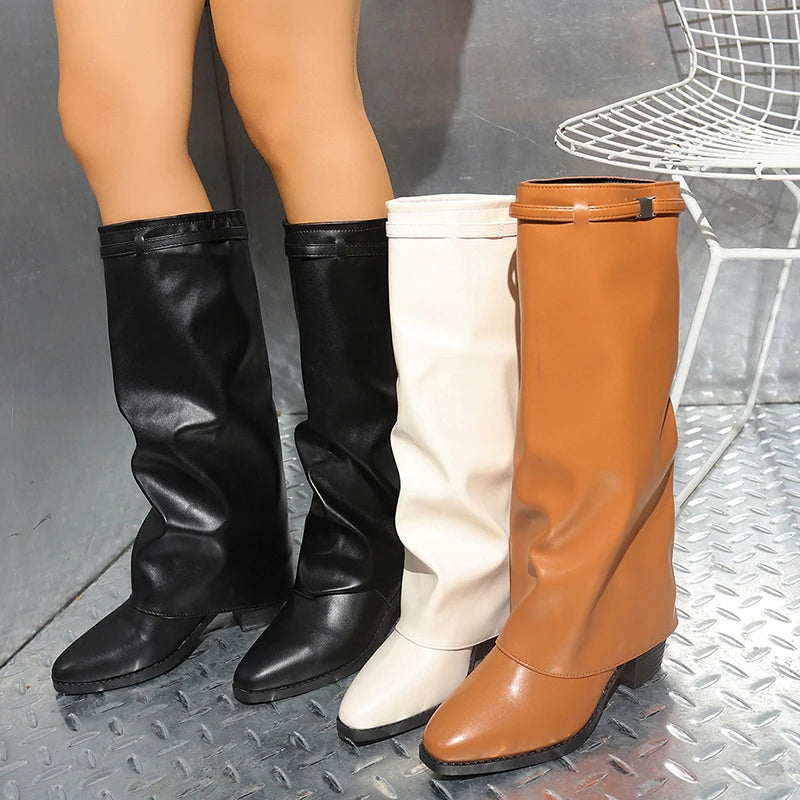 Fashion Wide Leg Knee High Boots Women Autumn Winter Slip On High Heels Pants Boots Woman Pu Leather Long Botas Plus Size 36-43