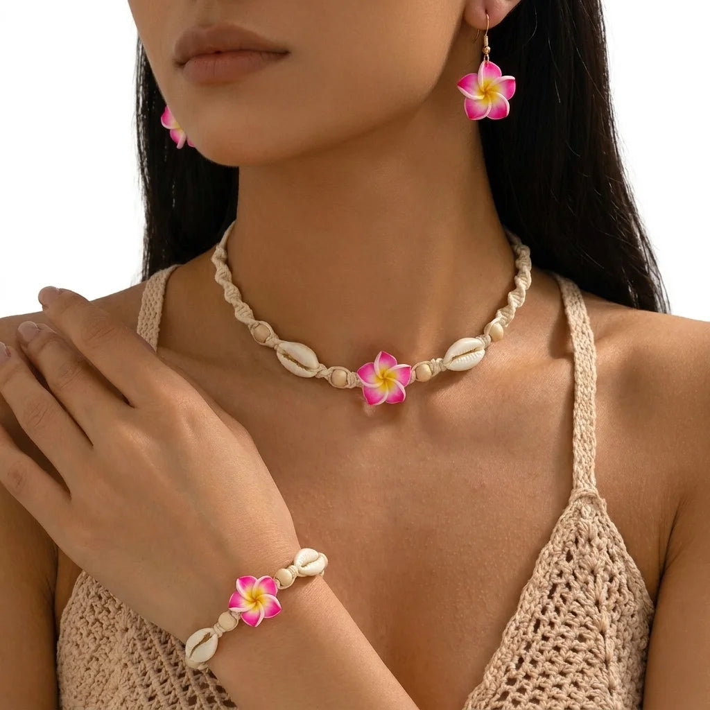 Boho Hawaiian Plumeria Flower Jewelry Set for Women Polymer Clay Cowrie Shell Choker Necklace Woven Bracelet Earrings Vacation