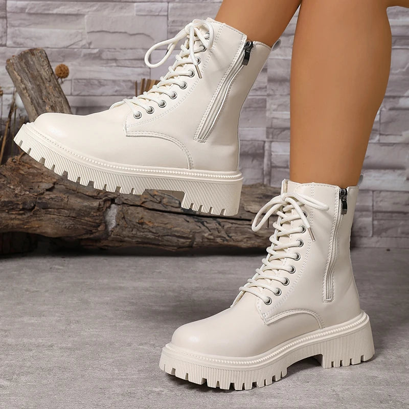 2025 Zippers Platform Ankle Boots for Women Autumn Winter Warm Thick Plush Short Booties Mujer Thick Sole Lace Up Boots Woman
