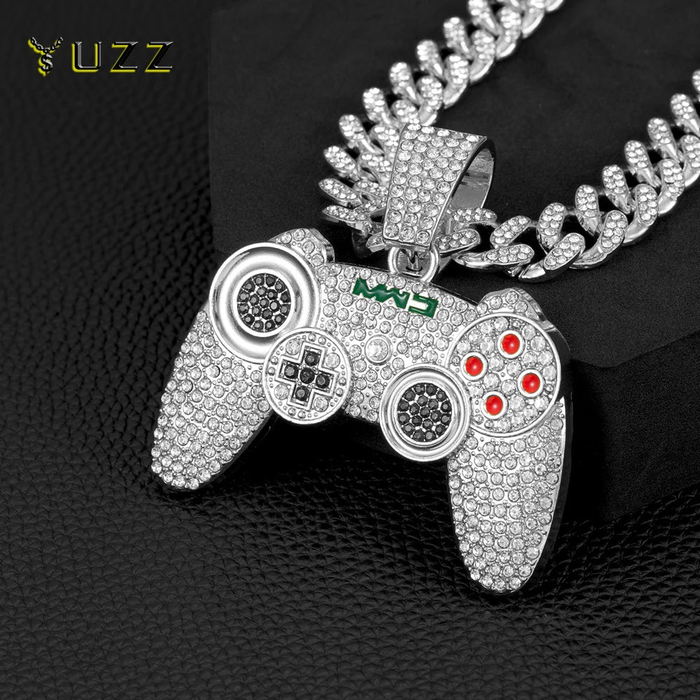 Men Hip Hop Game Machine Pendant Necklace With 13mm Crystal Play Game Controller Cuban Chain Necklace Fashion Cool Jewelry Gifts