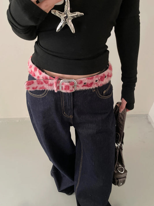 Leopard Print Diamond Studded Faux Fur Belt For Women Versatile Hot Girl Belt With Jeans Belt Decoration
