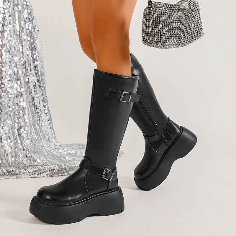 Black Chunky Platform Knee High Boots Women 2025 Thick Bottom Pu Leather Long Boots Woman Fashion Zippers Riding Botas Mujer
