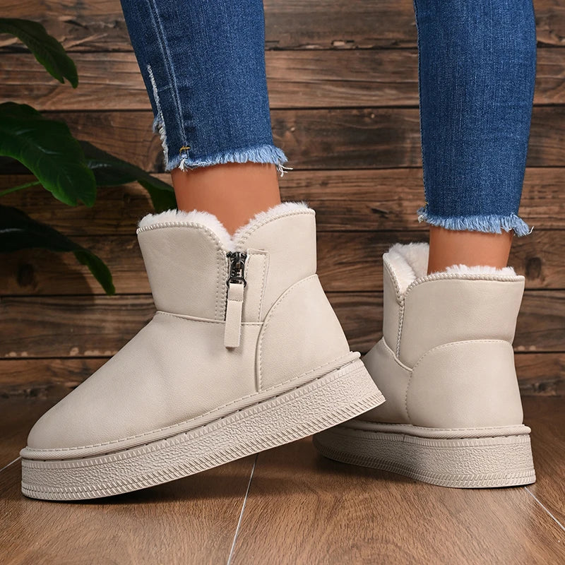 Pu Leather Warm Thicken Plush Snow Boots Women Comfort Thick Sole Non Slip Cotton Padded Shoes Woman Zipper Fluffy Winter Boots
