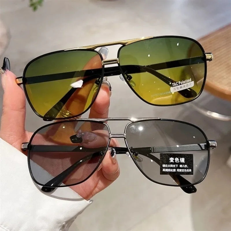 2PCS Polarized Sunglasses Men's Square Double Beam Sunshade Driver's Driving  Fishing Color Changing Day and Night Dual-use