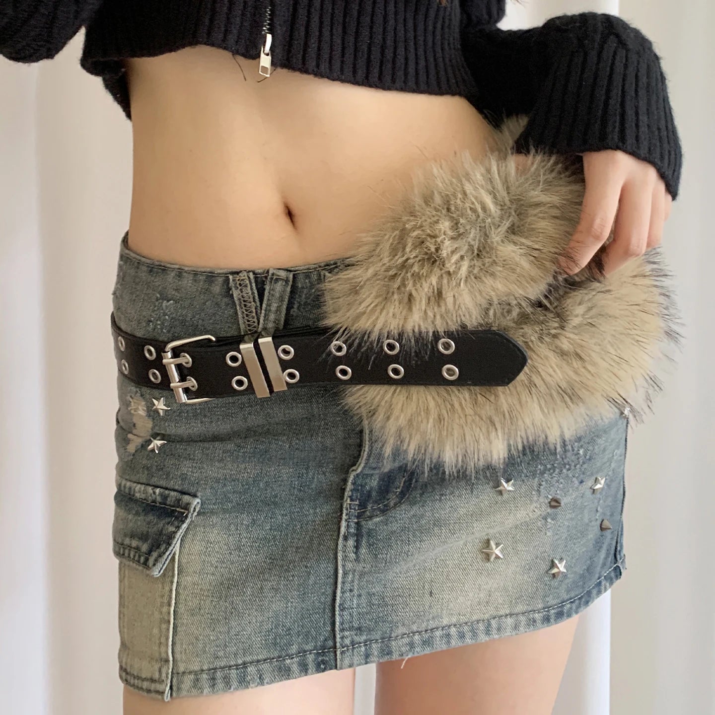 Retro Punk Style Y2k Fivet-Free Furry Patchwork Belt For Women Niche Subculture Spicy Girl Style Belt