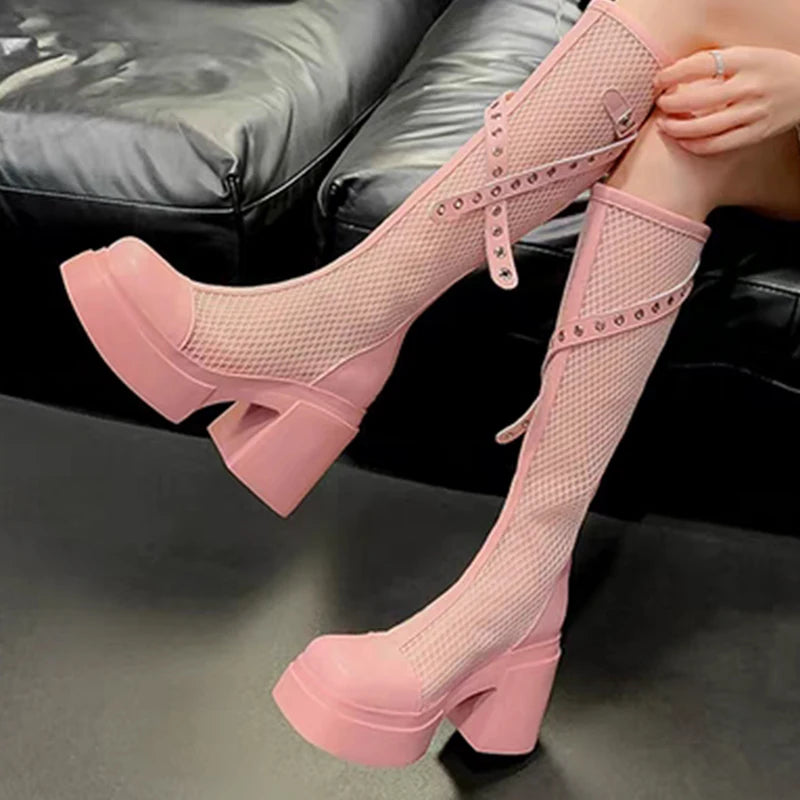 2025 Summer Fashion Breathable Mesh Boots for Women Party Platform Zipper Mid-Calf Boots Woman Solid Buckle Strap Shoes Ladies