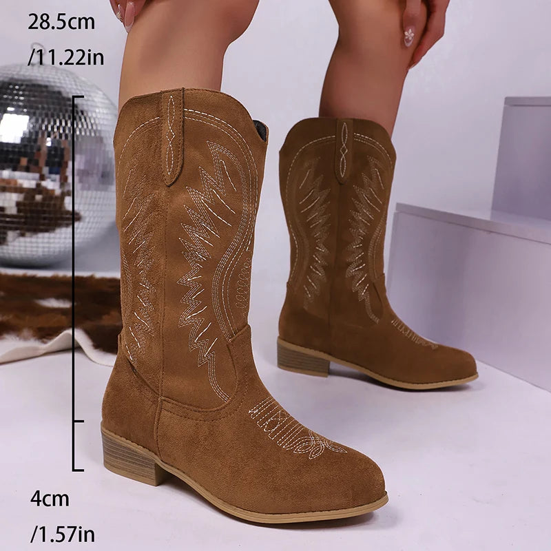 Vintage Embroidered Med Heels Western Boots Women Plus Size 43 Block Heel Knee High Boots Woman 2026 Slip On Knight Botas Mujer