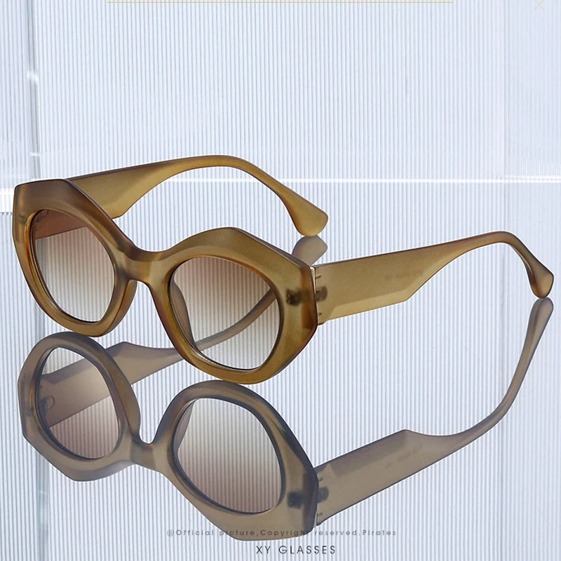 JNPCXI New Polygon Cat Eye Sunglasses Men Gradient Shades UV400 Vintage Matte Tea Women Sun Glasses