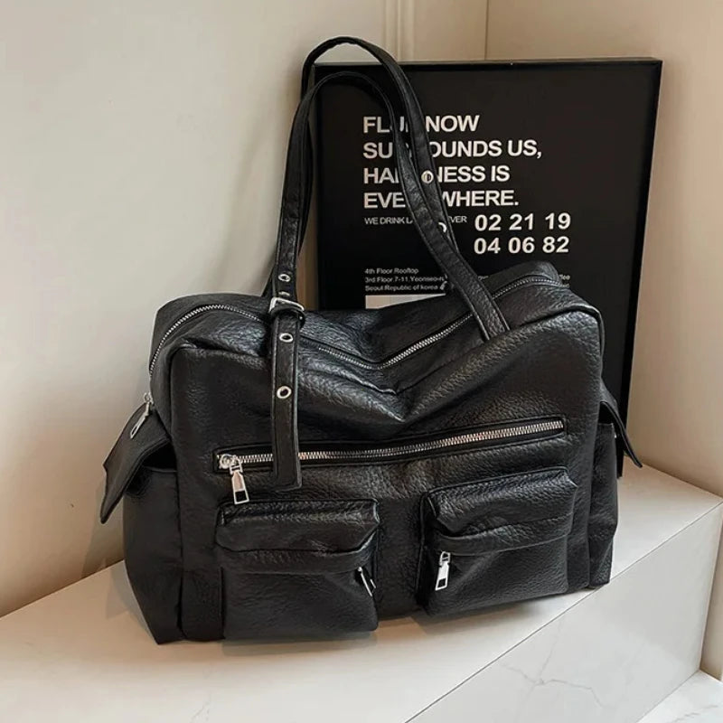 Women PU Leather Shoulder Bag Multi-Pockets Underarm Bag Solid Versatile Commuting Handbag Adjustable Strap Armpit Tote Bag