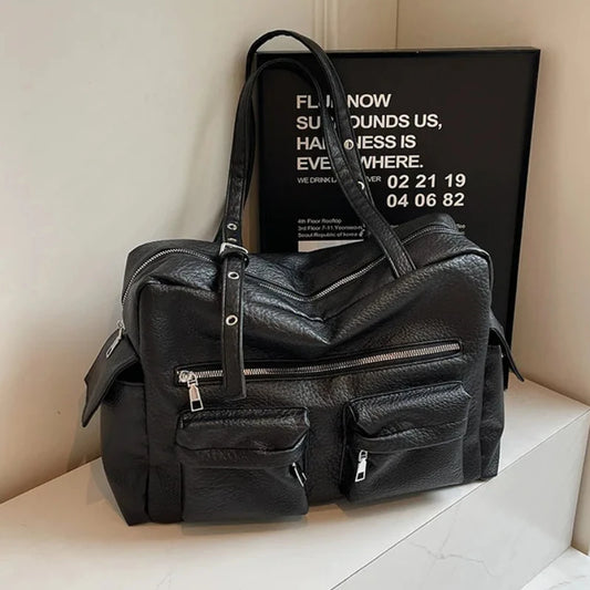 Women PU Leather Shoulder Bag Multi-Pockets Underarm Bag Solid Versatile Commuting Handbag Adjustable Strap Armpit Tote Bag