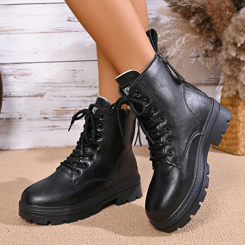 Autumn Winter Thick Plush Ankle Boots Women Fashion Double Zip Platform Motorcycle Boots Woman Non Slip Pu Leather Cotton Botas