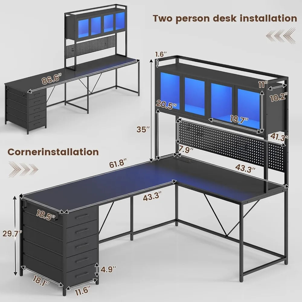 L Shaped Computer Desk w/ Storage Shelves, Gaming Desk, Led Lights &Power Outlet