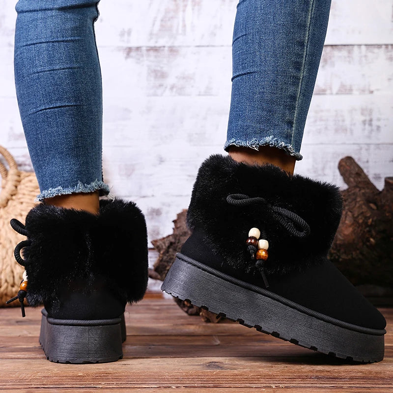 Thick Platform Faux Fur Snow Boots Women Bow Thicken Plush Winter Ankle Boots Woman Plus Size 43 Non Slip Warm Cotton Shoes