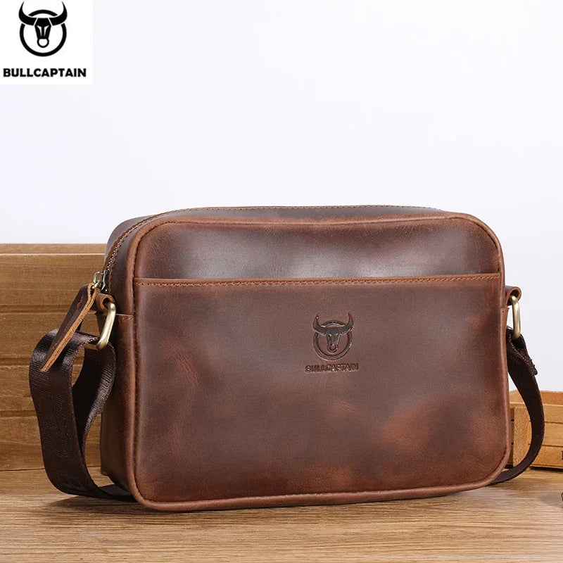 BULLCAPTAIN Men's Genuine Leather Shoulder Bag Retro Large Capacity Travel Bag Crazy Horse Leather High Quality Crossbody Bag