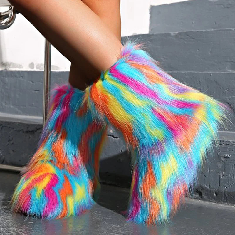 Y2K Mix Color Snow Boots for Women Soft Faux Fur Warm Snow Boots Woman Winter Plus Size 44 Non Slip Plush Booties Ladies