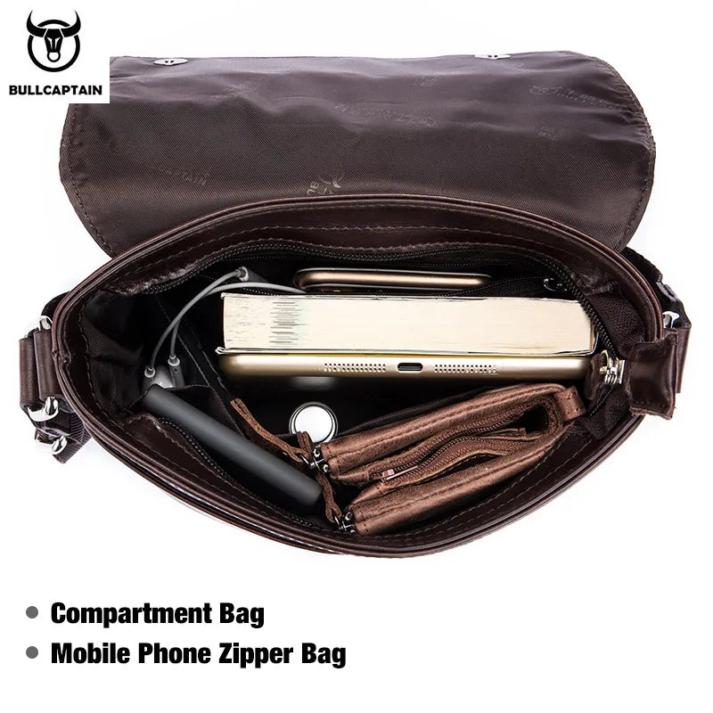 BULLCAPTAIN Men's Bag Leather Messenger Shoulder Bag Leather Messenger Handbag Men's Fashion Business Bag