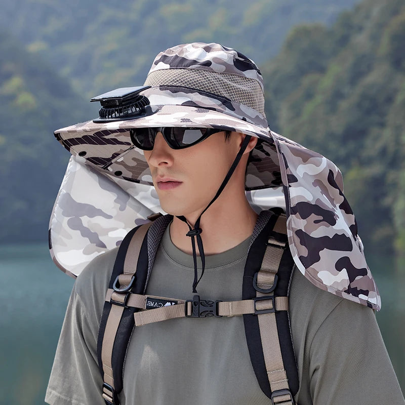 9208-1Men's sun hat 1Solar fan fishing hat, wide-brimmed sunhat outdoor summer camping, beach use, Type-c and solar power supply