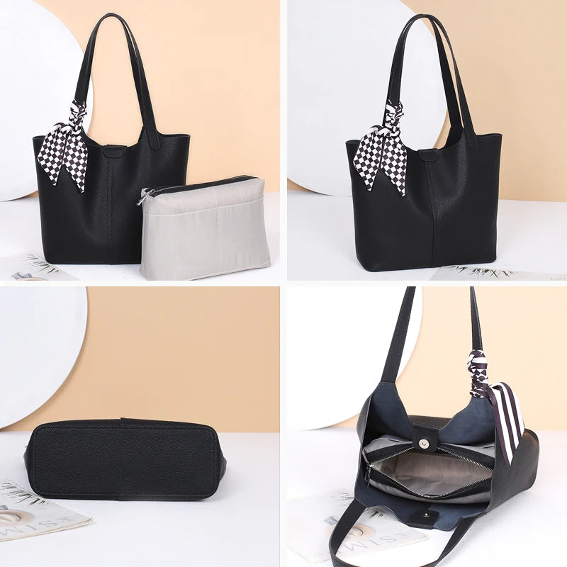 Genuine Cowhide Leather Tote Bag for Women Pebbled Leather Shoulder Bag with Removable Pouch&Silk Scarf Luxury Designer Handbag