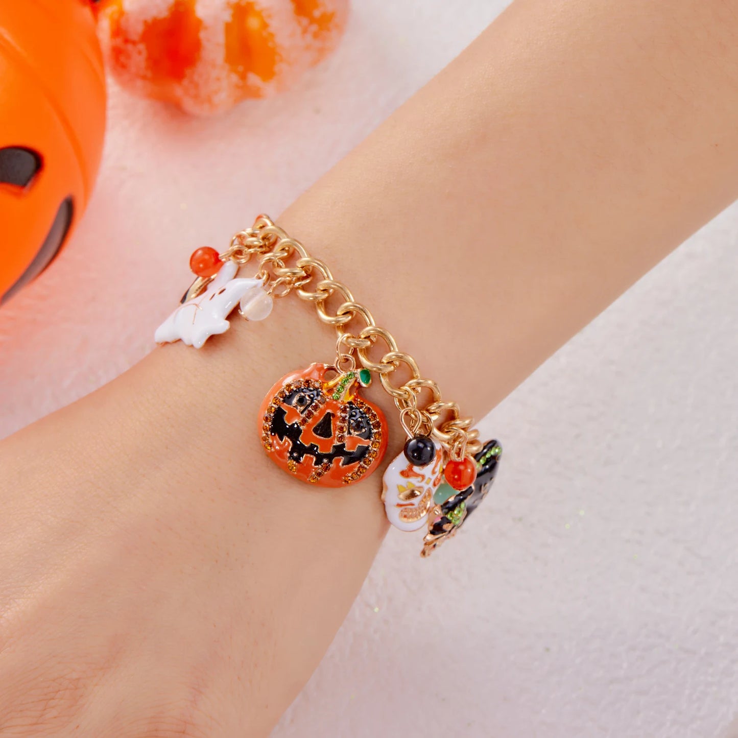 Exaggerated Halloween Ghost Pumpkin Pendant Necklace For Women Shiny Zircon Spider Web Skull Charm Bracelet Party Jewelry Gifts