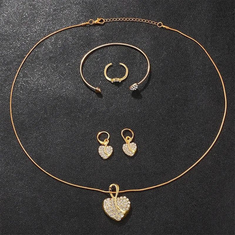 6PCS Women Quartz Watch Gold Luxury Ring Necklace Earring Wristwatch Jewelry Set
