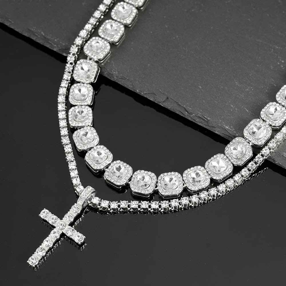 Hip Hop  Iced Out Tennis Chain Cross Necklace Men Women 2Pcs Bling Miami Cuban Chain Necklace Set Iced Out Chain Jewelry Gift