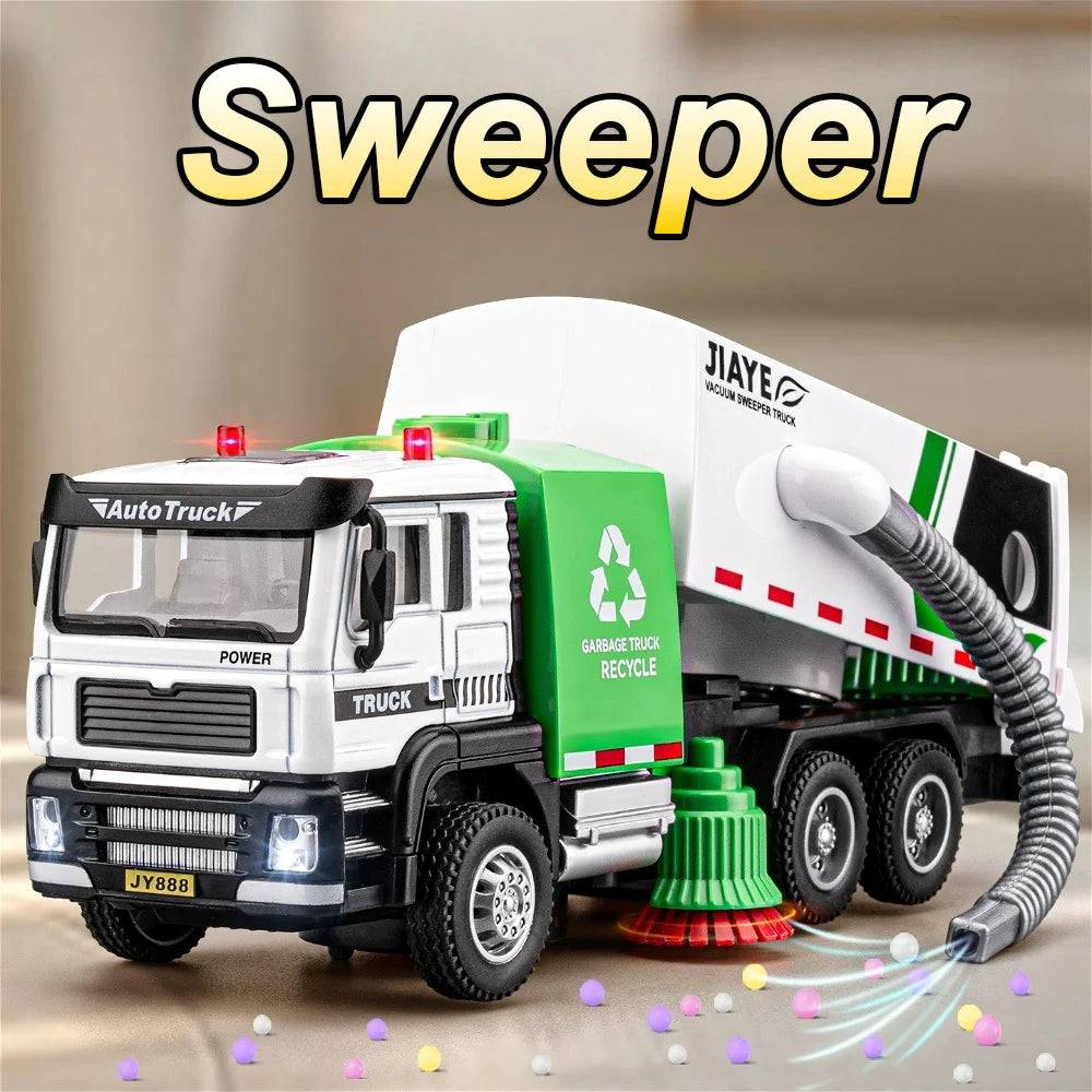 1:50 Alloy Sweeper Sanitation Truck Miniature Model Toys Car with Sound Light Wheel Sliding Engineering Vehicle Kid's Puzzle Toy