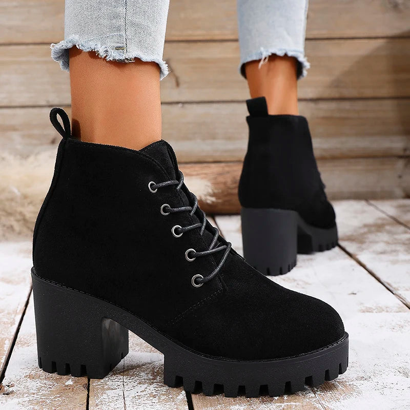 Classic Lace Up High Heels Ankle Boots Women Autumn Winter Black Flock Short Booties Mujer Plus Size 42 Thick Heel Boots Female
