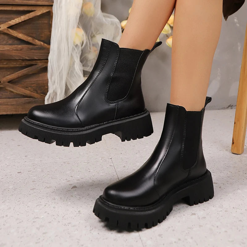 Black Pu Leather Platform Chelsea Boots Women Fashion Elastic Band Thick Sole Ankle Boots Woman Plus Size 42 Short Booties Mujer