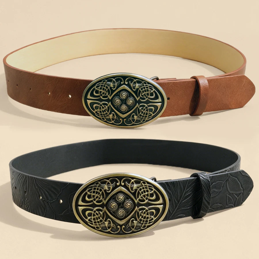 Vintage Celtic Knot Buckle Leather Belt - Embossed Brown/Black Fashion Waist Strap for Men & Women