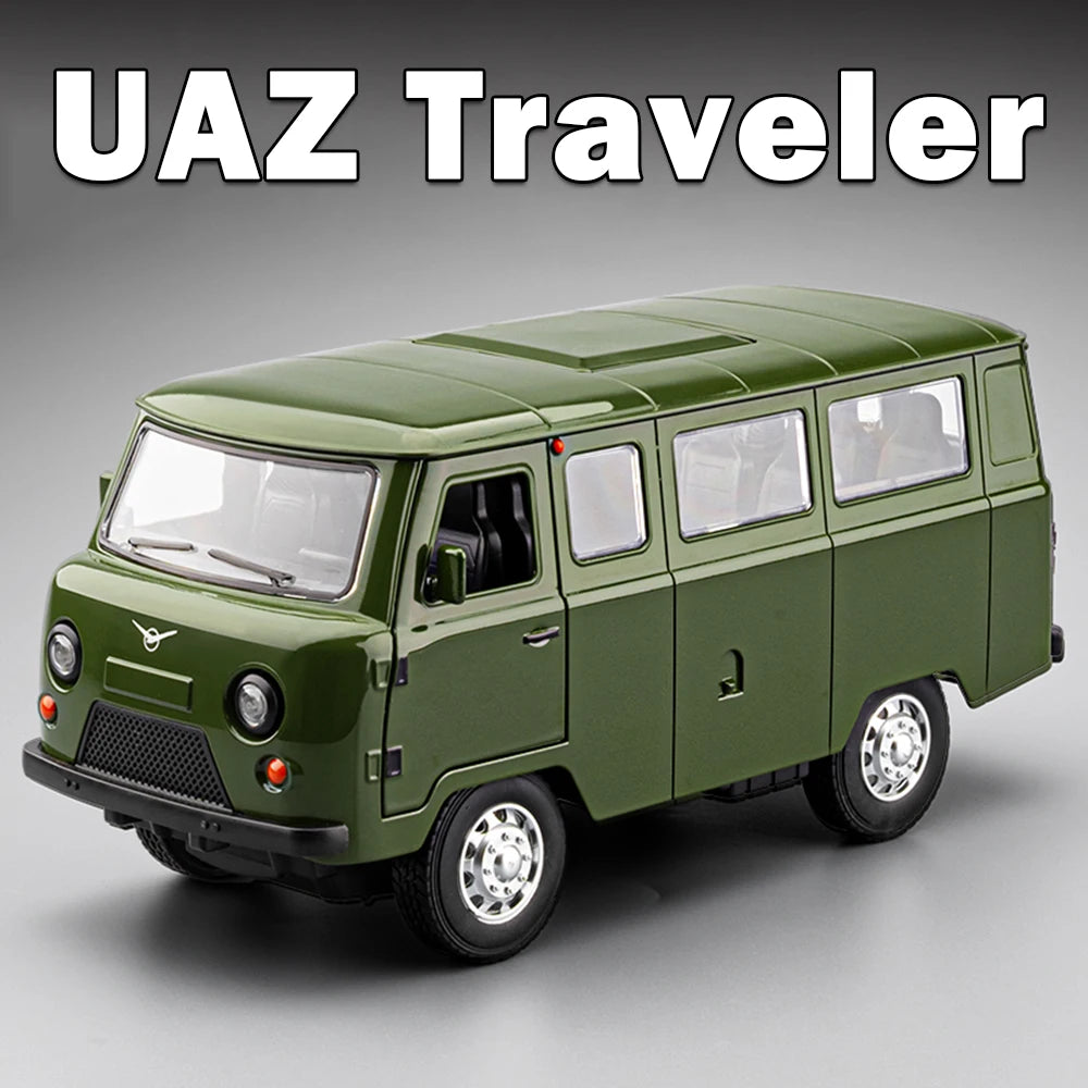 1:18 Russia Alloy UAZ Traveler Hunter Diecast Model Toys Car Spund Light Pull Back 6 Doors Opened Vehices Boy Kids Gift Ornament