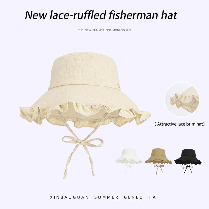 6156-New spring and summer women's outdoor hats, fashionable and versatile sun hats with lace trim and large brim, fishermanhats