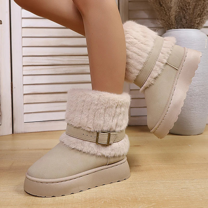 Fluffy Fur Non Slip Snow Boots Women Fashion Buckle Thick Bottom Warm Ankle Boots Woman Faux Fur Platform Winter Booties 36-43
