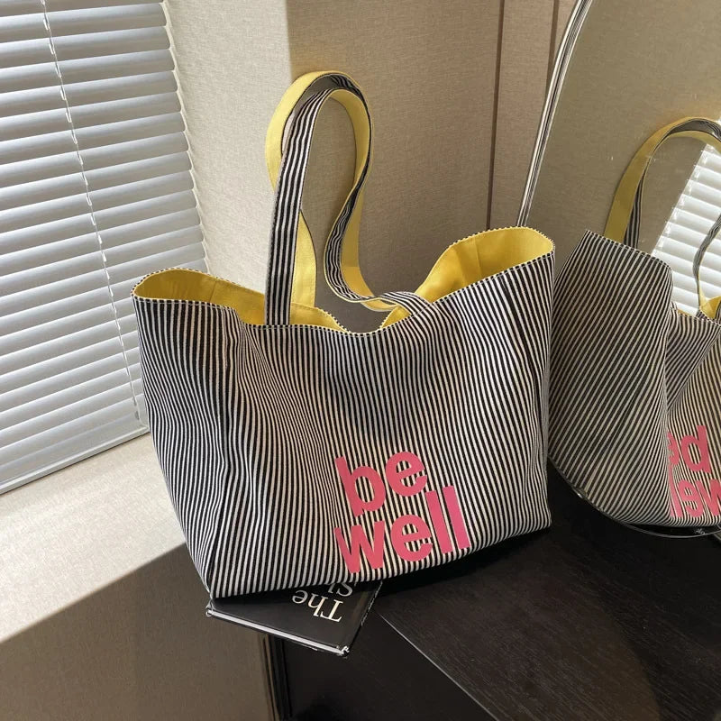 Casual Large Stripe Women's Shoulder Bag 2026 New Fashion Commuter Tote Bag High Capaci Canvas Handbag for Youth bolso mujer