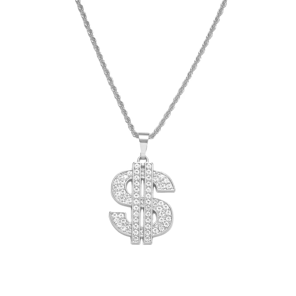 Hip Hop Rap Gold Color US Dollar Sign Pendants Necklaces For Men Women Punk Rhinestone Money Dollar Logo Fashion Jewelry Gifts