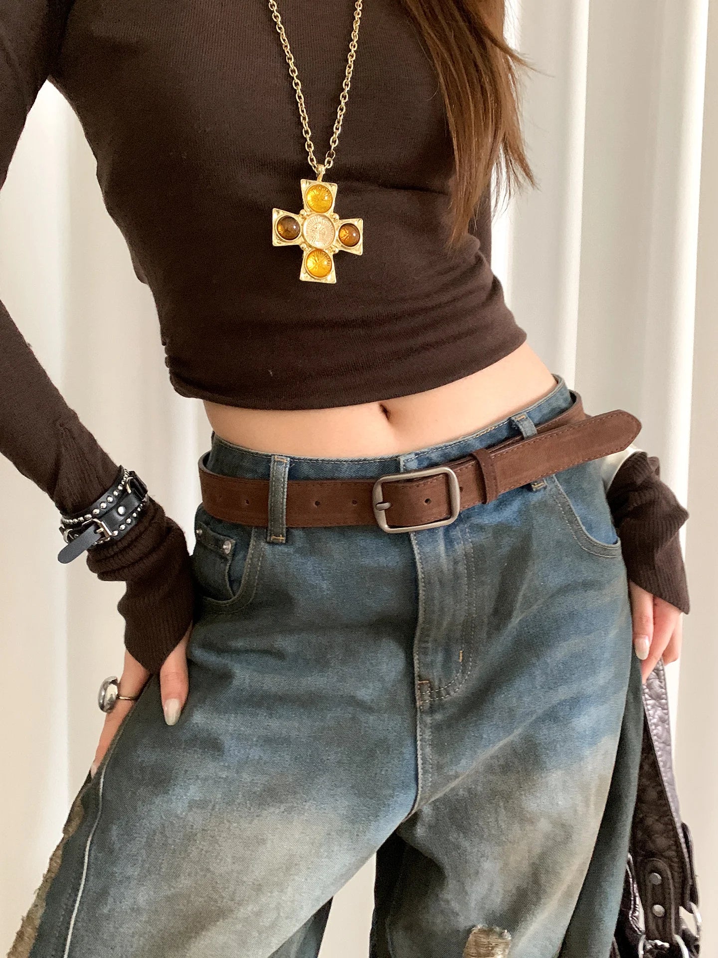 Korean Version Of Retro Velvet Brown Belt For Women A Small Number Of Skirts And Jeans Belts With A High-End Feel